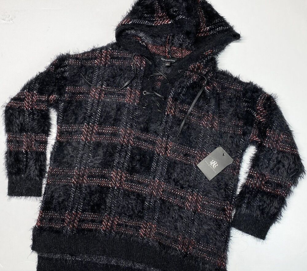 Furry Hooded Sweater Rock & Republic Sz Large Black Plaid Soft Fuzzy Hoodie NEW